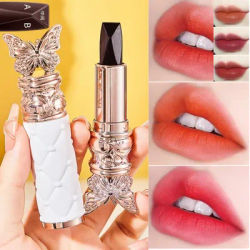 Single-color matte velvet butterfly lipstick with a three-color finish that stays on and doesn't transfer to cups.