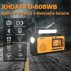 Radio météo à manivelle d'urgence XHDATA D-608WB FM/AM/SW/NOAA Alerte Radio portable avec chargeur de téléphone, Bluetooth, fonctionne sur batterie