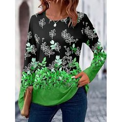 Per donna Maglietta Floreale Grafico Piante Vintage Elegante Classico Manica Lunga Girocollo Top Regolari Quotidiano Stampato Blu Viola Verde Cachi Primavera Autunno Inverno