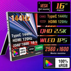 16-Inch 2.5K Portable Gaming Monitor 144Hz/120Hz 500cd/m Low Blue Light For XBox PS4 / 5 Switch Cell Phone PC Loptop Extension