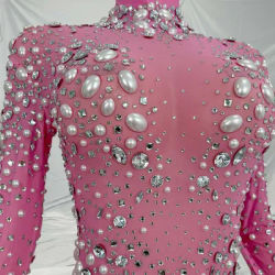 Tiaoliao Women Stage Big Pearls Jumpsuit Rhinestones Stretchy Jumpsuit Evening Birthday Celebrate Outfit Sexy Dancer Bodysuit
