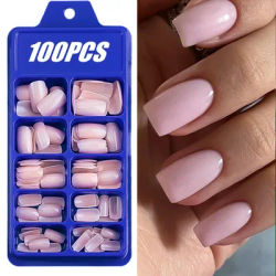 100 pièces rose clair presse sur ongles court moyen carré portable faux ongles conseils 10 tailles couverture complète faux ongles décoration des doigts