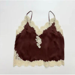 Sexy hollow lace lace patchwork camisole top for women elegant red brown silk vest summer new clothing loose tank short top