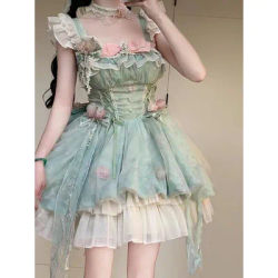 Robe de soirée d'anniversaire verte Chic coréenne pour femmes, nouvelle collection d'été, taille douce, Slim, robes courtes japonaises, tenues féeriques Lolita à fleurs, 2025