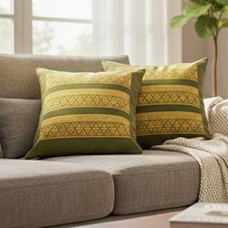 '2 Green and Golden-Hued Brocade Cotton Cushion Covers'