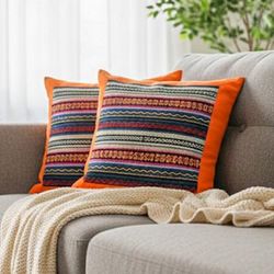 'Pair of Hand-Loomed Cotton Cushion Covers with Thai Motifs'