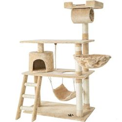 Albero tiragraffi 141 cm cuccia, piattaforma, tunnel e amaca beige