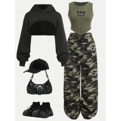 Vêtements pour enfants : Ensemble trois pièces pour filles, sweat-shirt court à capuche, gilet côtelé en polaire et pantalon de survêtement camouflage, tenue cool pour fille, vert armée