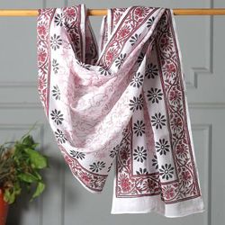 'Cotton Sarong with Hand-Block Printed Floral and Vine Motifs'