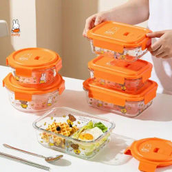 Miffy Kawaii Cartoon Glass Lunch Box Cute Rabbit Anime Portable Layered Lunch Box Sweet Microwave Oven Can Use Lunch Boxes