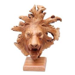 Emerging Lion,'Benalu Wood Lion Sculpture on Stand'