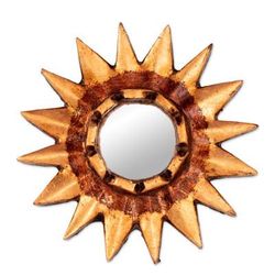 'Sun-Shaped Antiqued Bronze-Gilded Mirrored Wood Wall Accent'