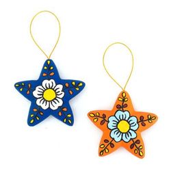 '2 Orange Blue Star Floral-Themed Ceramic Christmas Ornaments'