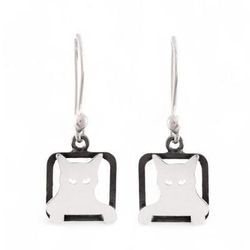 Mischievous Sparkle,'Modern Square Sterling Silver Dangle Earrings of Peeking Cat'