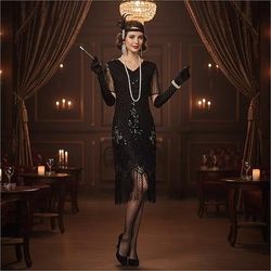 Set Anni Ruggenti Anni 1920 Lunghezza al ginocchio Abito Flapper Abito da cocktail Costume di fantasia con accessori Maniche corte Il grande Gatsby Ragazza Flapper Paillettes Frangia con nappe Scollo