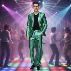 Set Disco Anni '80 Abiti Costume di fantasia Completi Blazer Metallico Lucido Costume Per uomo Natale Capodanno Performance Club Festa a tema retrò Adulti Cappotto Pantaloni
