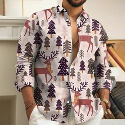 Per uomo Albero Renna Piante Camicia Camicia con Bottoni Manica Lunga Vintage Retrò Ferie Casual Quotidiano Primavera Autunno Collo ripiegato Stampa 3D camicie con colletto Rosa Blu Grigio chiaro