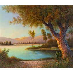 Coastal Scenery,'Stretched Oil Landscape Painting of Peruvian Coast at Sunset'