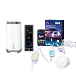 eufy Permanent Outdoor Lights S4 (200ft with 144 LEDs) + Video Doorbell E340 (Battery Powered) + eufy HomeBase S380 White