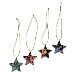 Bali Stars,'Four Batik Wood Star Ornaments by Balinese Artisans'
