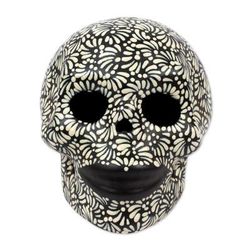'Handcrafted Talavera Style Black-Ivory Ceramic Skull'