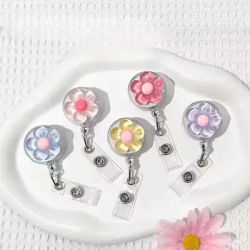 1pcs Cute Transparent Floral Badge Reel for Women Retractable Worker ID Card Pull Buckle Doctore Nurse ID Card Badge Holder Clip