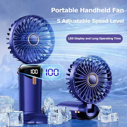 Foldable Portable Desk Fan, Handheld Mini Fan, 5 Speed USB Rechargeable, Outdoor Neck Hanging Fan With Phone Stand Displ green
