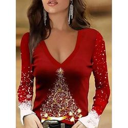 T Shirt Donna Natale Albero di Natale Grafica Fiocco Vintage Elegante Classico Maniche Lunghe Collo a V Regular Tops Quotidiano Stampa Nera Rossa Primavera Autunno Inverno