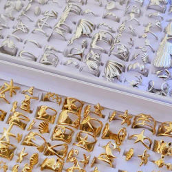 10pcs Stainless Steel Adjustable Rings for Women and Men Ocean Animal and Plant Theme Jewelry Wholesale Gifts