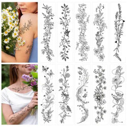 Temporary Tattoos For Women-10 Sheets Branch Flower Leaf Wild Plants Sketch Realistic Long-lasting Tattoo Waterproof