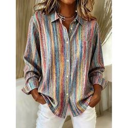 Per donna Camicia Blusa Patchwork Bottoni Stampato Grafico Geometrico Plaid Vintage Tropicale Quotidiano Manica Lunga Colletto a Camicia Top Regolari Quotidiano Blu Rosso Viola chiaro Viola Arancione