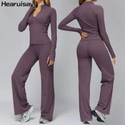 Hearuisavy Women Sports Set Long Sleeve Zippered Fitness Jacket Pockets Running Quick-Dry Tight Outerwear High-Waist Yoga Pants