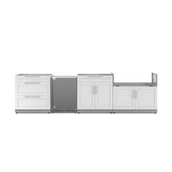 NewAge Outdoor Kitchens Stainless Steel 4-Piece Cabinet Set with 3-Drawer, Bar, Grill Cabinet, and Stainless Steel Door Fridge