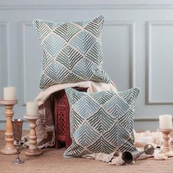 'Wavy-Patterned Blue and Green 100% Cotton Cushion Cover Pair'