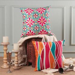 Colorful Connection,'Floral Abstract Embroidered Patchwork Cushion Covers (Pair)'