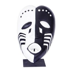 'Heart-Shaped Hand-Painted African Wood Mask on Steel Stand'