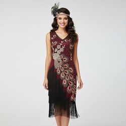 Set Anni Ruggenti Anni 1920 Lunghezza al ginocchio Abito Flapper Fascia Flapper con accessori Senza maniche Il grande Gatsby Ragazza Flapper Invitato al matrimonio Paillettes Frangia con nappe Piuma