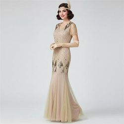 Set Anni Ruggenti Anni 1920 Lunghezza al pavimento Abito da sera Abiti Set di accessori con accessori Maniche corte Il grande Gatsby Invitato al matrimonio Paillettes Paillettes Scollo a V Costume