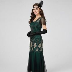 Set Anni Ruggenti Anni 1920 Lunghezza al pavimento Abito da sera Abiti Set di accessori con accessori Maniche corte Il grande Gatsby Invitato al matrimonio Paillettes Paillettes Scollo a V Costume