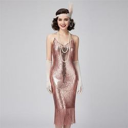 Set Anni Ruggenti Anni 1920 Lunghezza al ginocchio Abito Flapper Abiti Abito da cocktail con accessori Senza maniche Il grande Gatsby Ragazza Flapper Invitato al matrimonio Paillettes Frange Scollo a