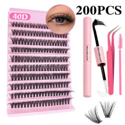200PCS DIY Lash Clusters Eyelash Extension Kit, 2-in-1 Lash Bond, Tweezers, Lash Brush, 30D40D80D Mix