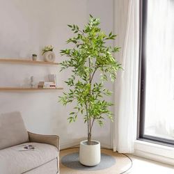 Green Tall Plants Fake, Artificial Plants Nandina Tree, Faux Branches Leaves Plants For Home Garden Office Decor 1 Branch