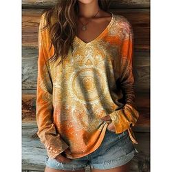 Capodanno Per donna Maglietta Ombre Grafico Vintage Moda Elegante Manica Lunga Scollo a V Top Regolari Quotidiano Stampato Giallo Rosa Arancione Oro Estate Primavera Autunno