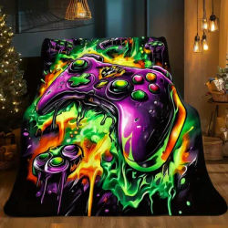 Vibrant Gamer Blanket with Huge Purple Xbox Controller Graphic, Dripping Green & Orange Energy Effects, Cozy Warm Living Room De