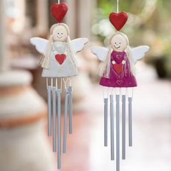 '2 Angel and Heart-Themed Wood and Natural Fiber Wind Chimes'