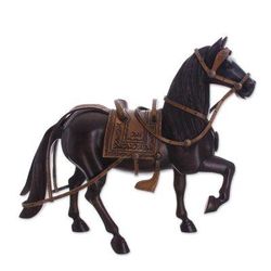 Peruvian Paso Horse,'Cedar Wood and Leather Horse Sculpture from Peru (11.5 in.)'