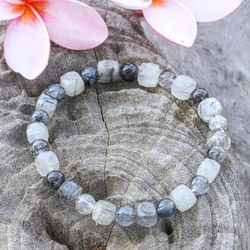 Sleek Flair,'Rutilated Quartz Stretch Bracelet with Black Inclusions'