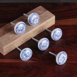 'Blue and White 6-Piece Ceramic Knob Set Crafted in India'