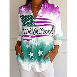 Giorno dell'Indipendenza Camicia Blusa Patriottica da Donna Grafica Bandiera Vintage Quotidiana Elegante Maniche Lunghe Collo Camicia Magliette Regolari Quotidiane Bottoni Stampa Giallo Rosso Viola