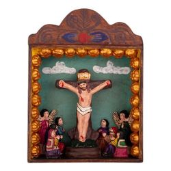 Crucifixion,'Hand-Painted Wood Ceramic Crucifixion of Christ Retablo'